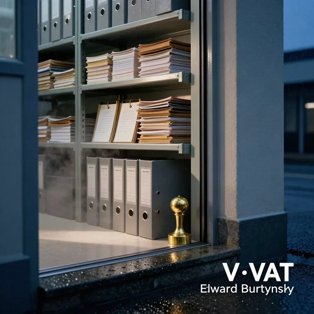 Blue-hour VAT archive room with steel file boxes, brass seal and rain-mist at the doorway.