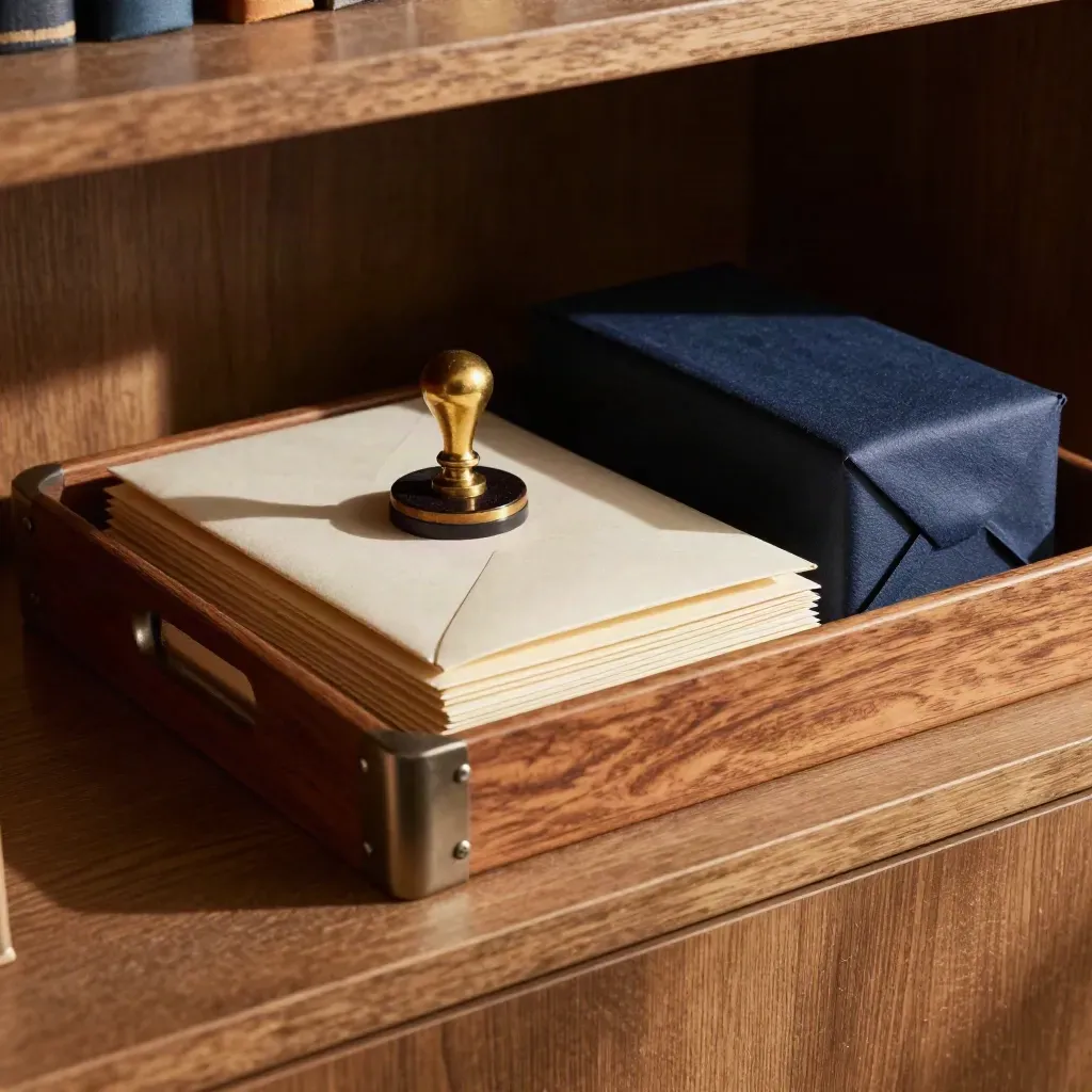 Return filing tray with sealed envelopes, a date stamp and archive box in warm window light.