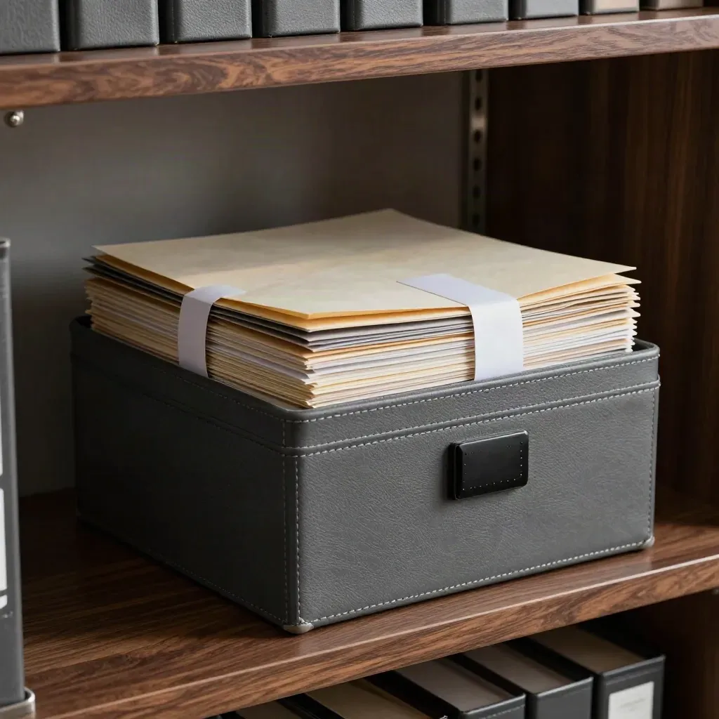 Sealed audit case with colour tabs on a dark archive shelf