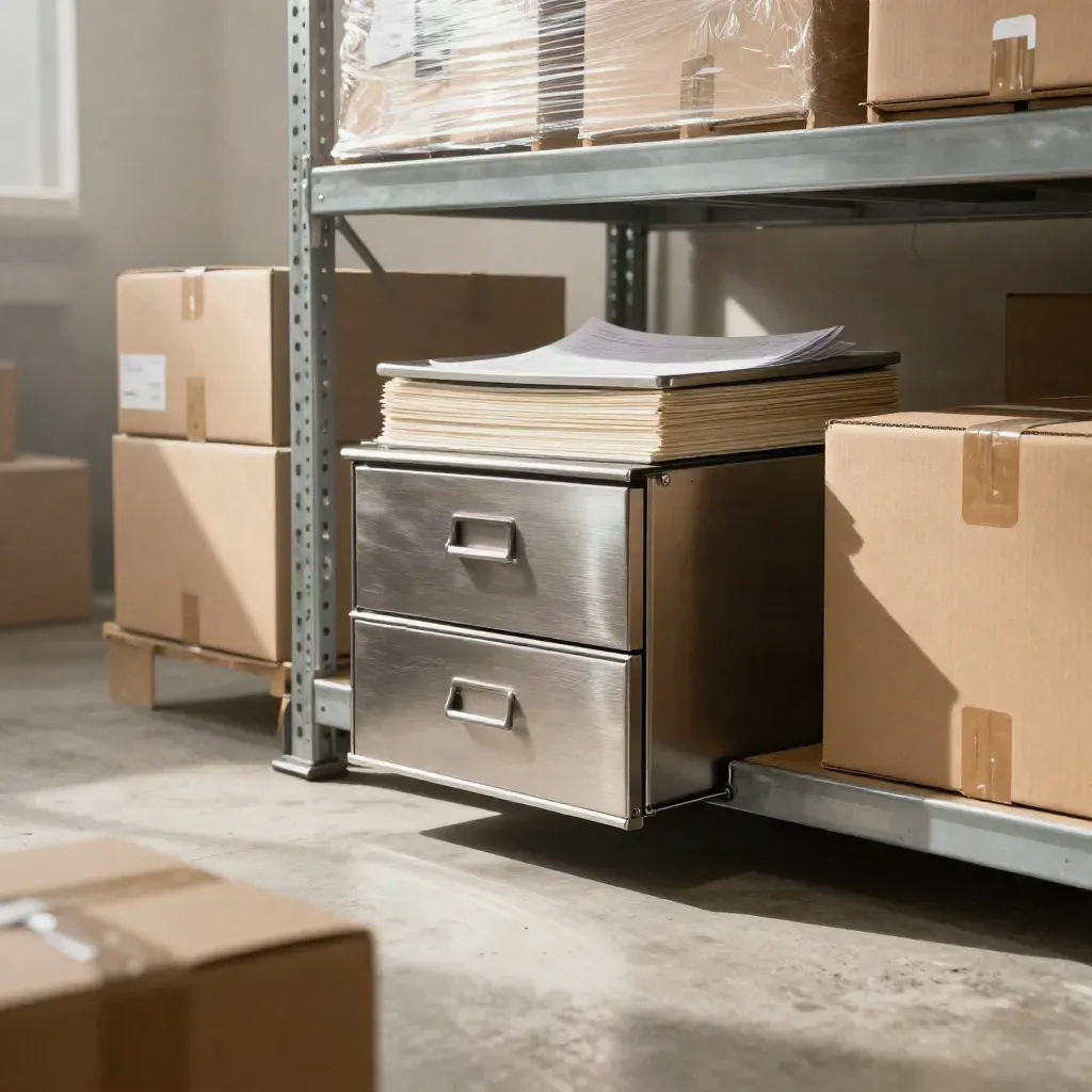 Low-angle warehouse shelf with sealed stock boxes and a closed VAT archive drawer in warm morning haze.