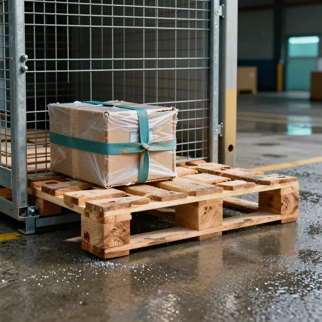 Wet export pallet clearing an open customs cage beside a reclaimed file box at a dock.