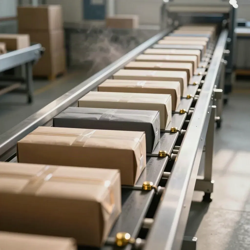 Sorting line with aligned cross-border parcels and a validation tray under industrial daylight.