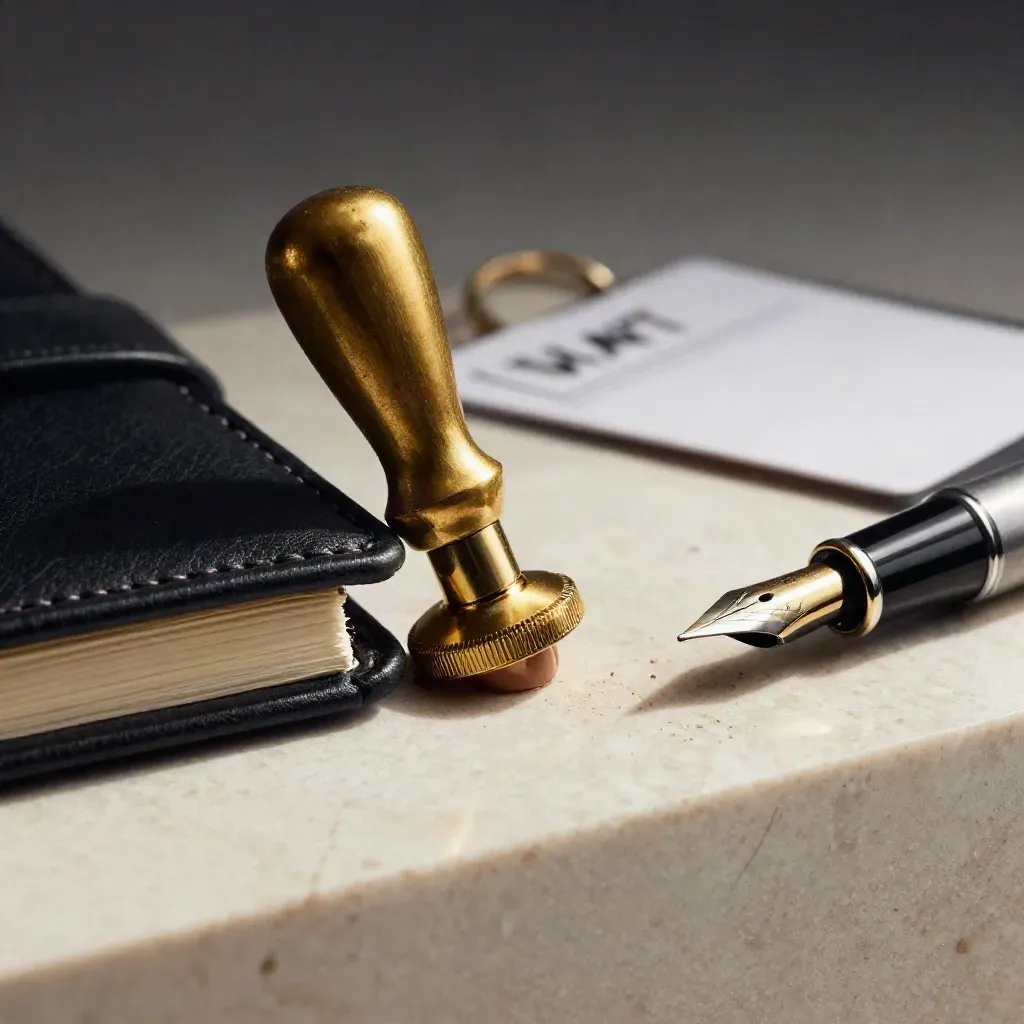 Brass seal pressing a leather ledger beside a pen nib on travertine, extreme macro still life.