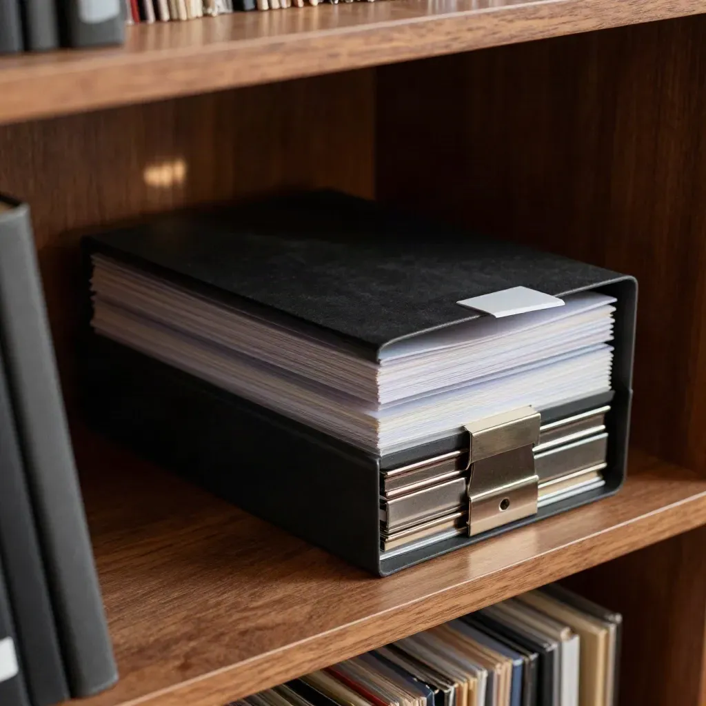 Matte black file cube, steel clips and white tab fan stacked on a walnut archive shelf.