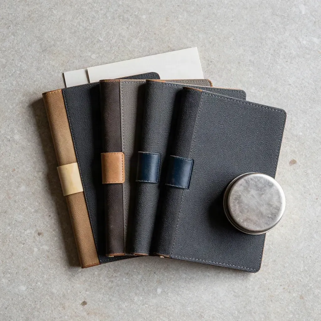 Overhead still-life of record spines, buy-side tabs, and a receipt tin on stone.