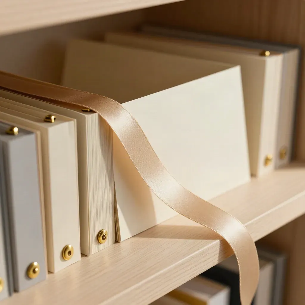 Cream file dividers, brass markers, and an oatmeal ribbon on pale wood.