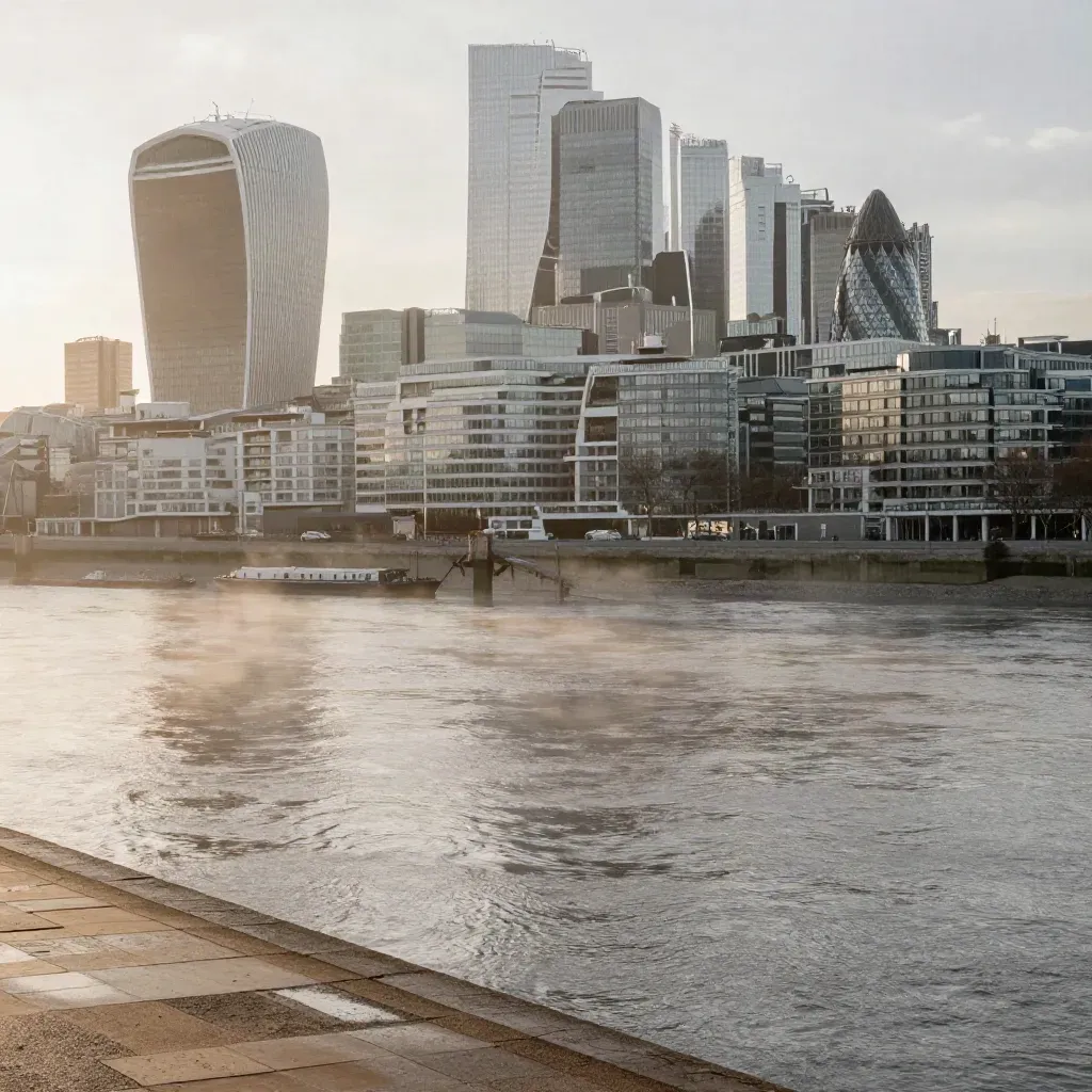 Golden-haze London skyline over the Thames, glass towers above a calm stone embankment and misty river.