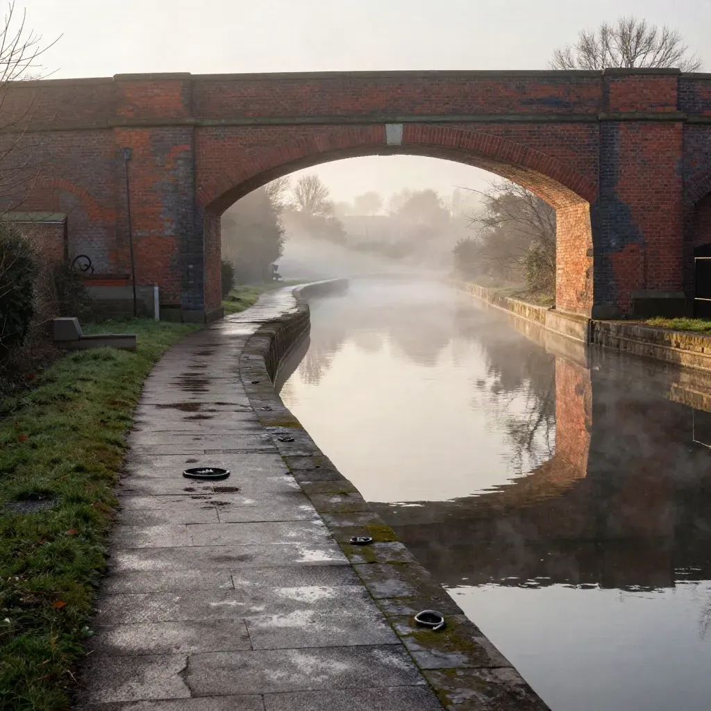 Morning mist over a Midlands canal basin beneath a red-brick viaduct